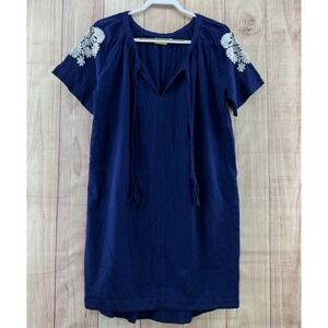 Roberta Roller‎ Rabbit Cotton Navy Blue Embroidered Tunic Dress Sz XS Oversized